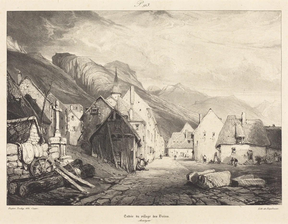 Entrée du village des Bains by Eugène Isabey; Pierre-Luc-Charles Ciceri, print, 1831
