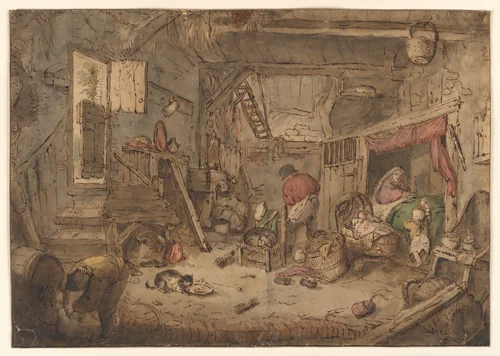 Peasant Family in a Barn by Isaac van Ostade, drawing, 1640-1649