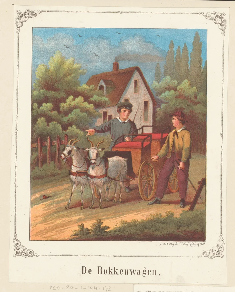 Twee jongens bij een bokkenwagen by anonymous, print, 1858-1919
