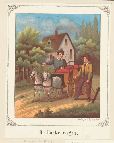 Twee jongens bij een bokkenwagen by anonymous, print, 1858-1919