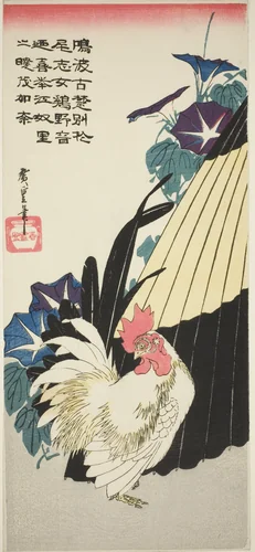 Rooster, umbrella, and morning glories by Utagawa Hiroshige (歌川広重), print, 1830-1839