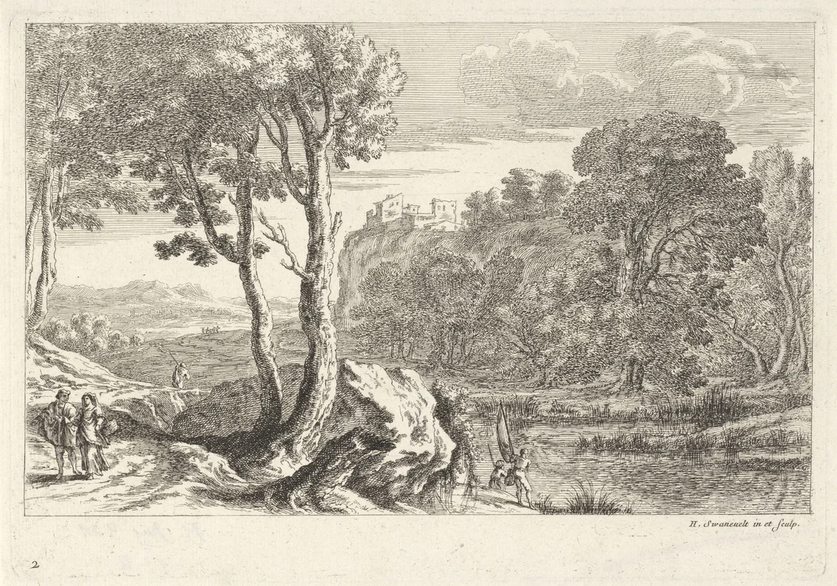Landschap met vissers by Claude Goyrand, print, 1633-1712