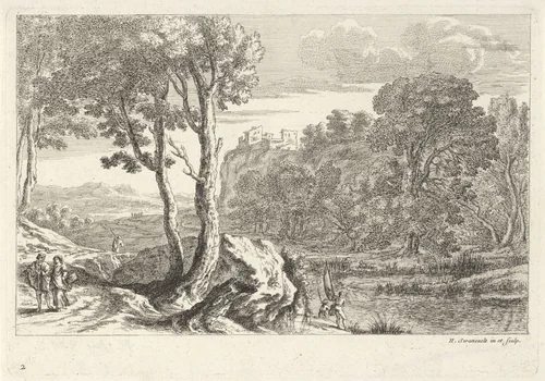 Landschap met vissers by Claude Goyrand, print, 1633-1712