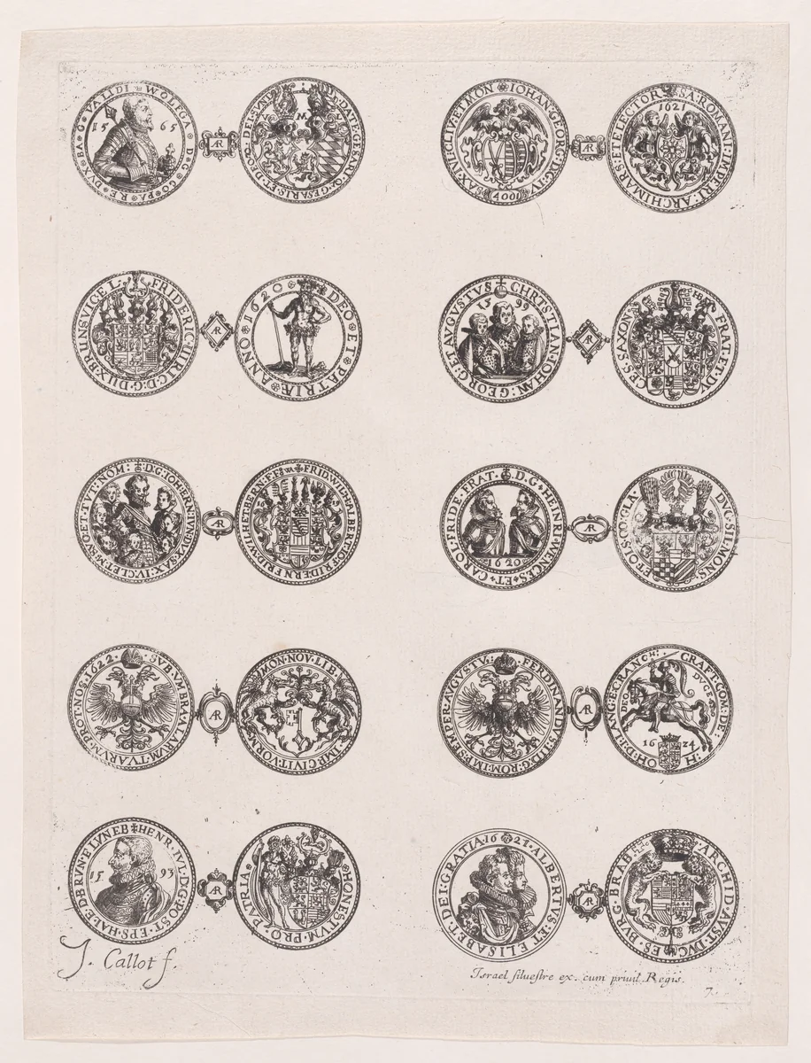 Plate 7, Featuring 10 Coins Issued by European Princes in the 16th and 17th centuries, from "Les Monnaies" (The Currencies) by Jacques Callot, print, 1625-1635
