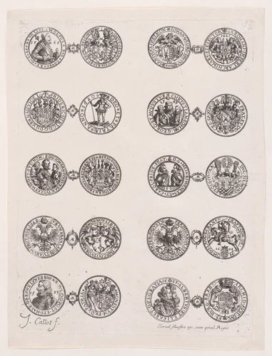 Plate 7, Featuring 10 Coins Issued by European Princes in the 16th and 17th centuries, from "Les Monnaies" (The Currencies) by Jacques Callot, print, 1625-1635