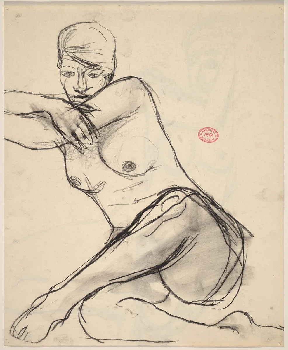Untitled [seated female nude leaning left on her crossed arms] [recto] by Richard Diebenkorn, drawing, 1955-1967