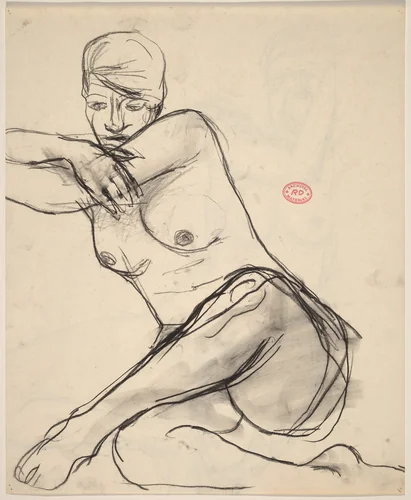 Untitled [seated female nude leaning left on her crossed arms] [recto] by Richard Diebenkorn, drawing, 1955-1967