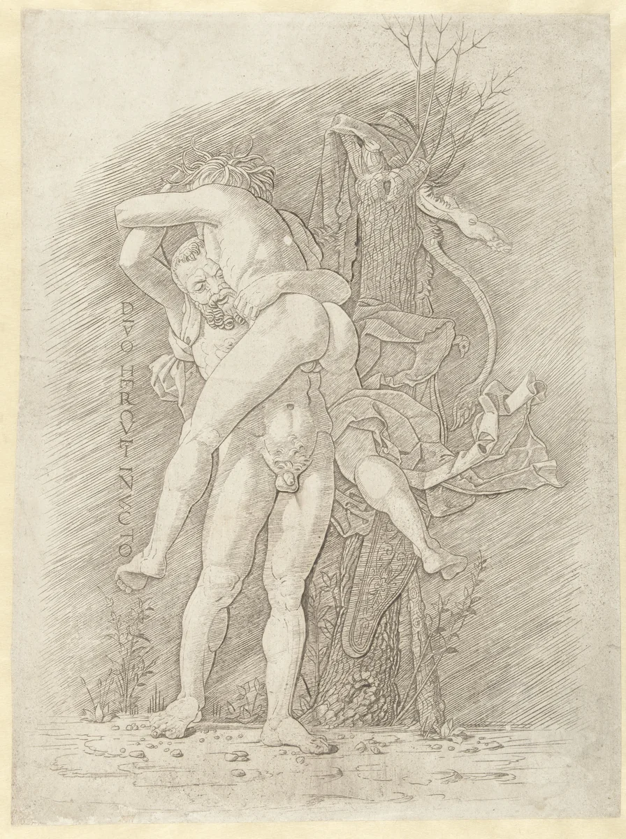 Hercules en Antaeus by Unknown, print, 1475-1499