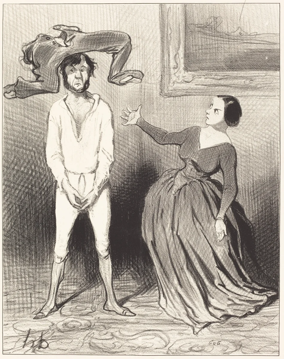 Une Femme comme moi... remettre un bouton?... by Honoré Daumier, print, 1844