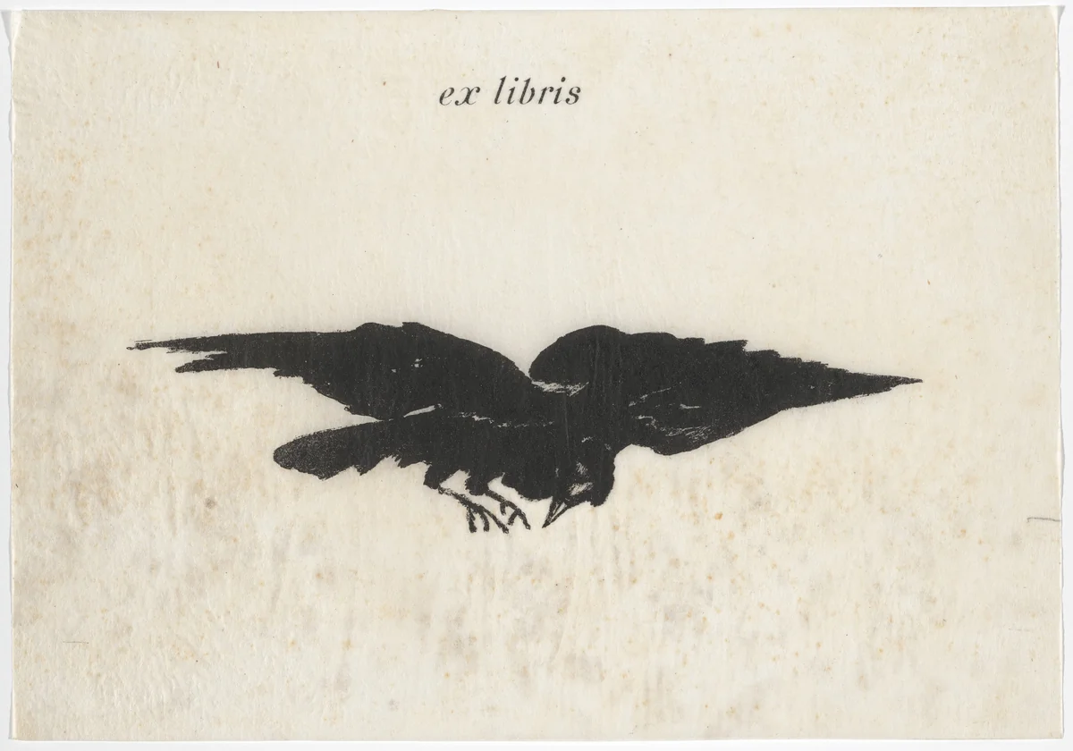 Le Corbeau volant, les ailes déployées (The Flying Raven) (ex libris) from Le Corbeau (The Raven) by Édouard Manet, illustrated book, 1875