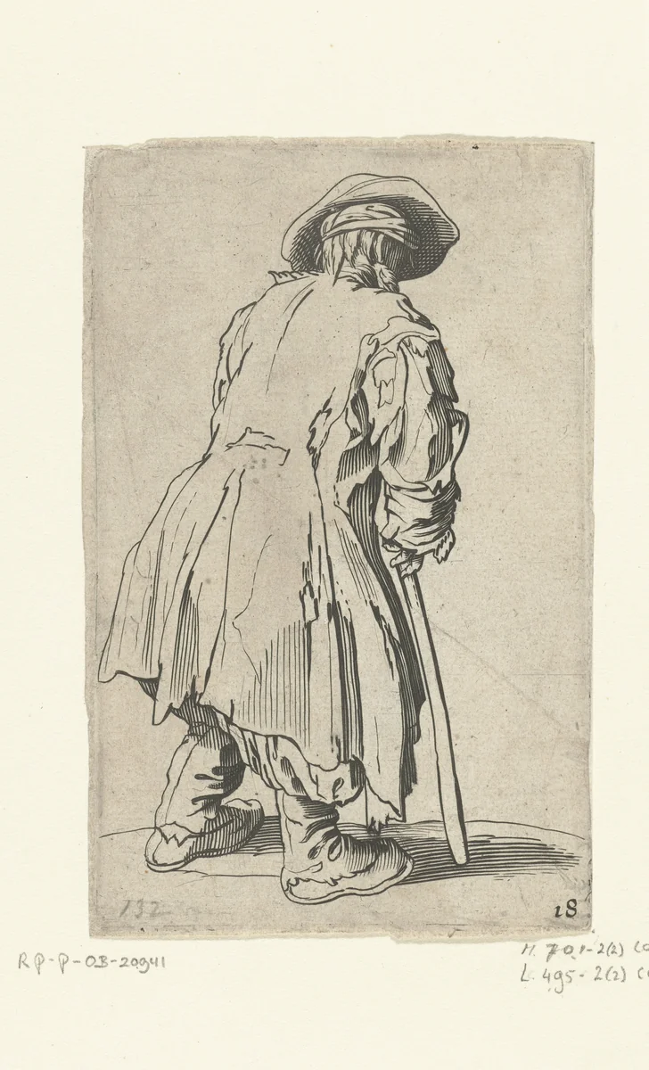 Bedelaar met een stok, op de rug gezien by anonymous, print, 1622-1670