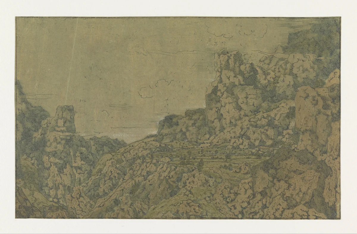 Berglandschap met een plateau by Hercules Segers, print, 1625-1630