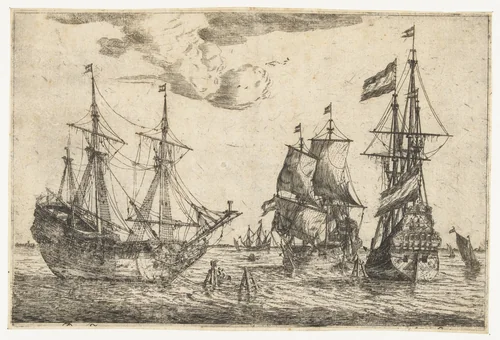 Drie aangemeerde zeilschepen by Reinier Nooms, print, 1650-1664