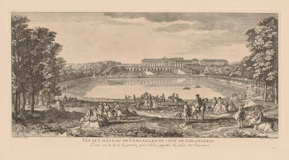 Vue du Château du Versailles, du côté de l'Orangerie, prise au delà de la pièce d'eau des Suisses by Jacques Rigaud, print, 1725-1735