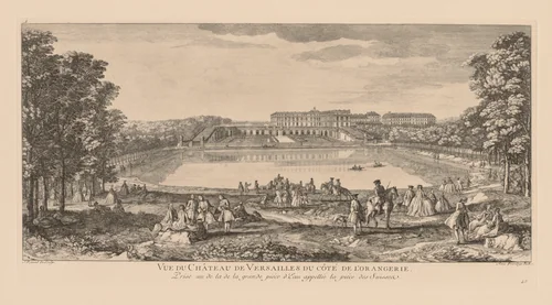 Vue du Château du Versailles, du côté de l'Orangerie, prise au delà de la pièce d'eau des Suisses by Jacques Rigaud, print, 1725-1735