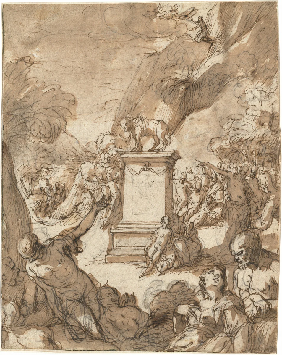 The Adoration of the Golden Calf by Hans Rottenhammer, drawing, 1595-1596