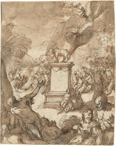 The Adoration of the Golden Calf by Hans Rottenhammer, drawing, 1595-1596