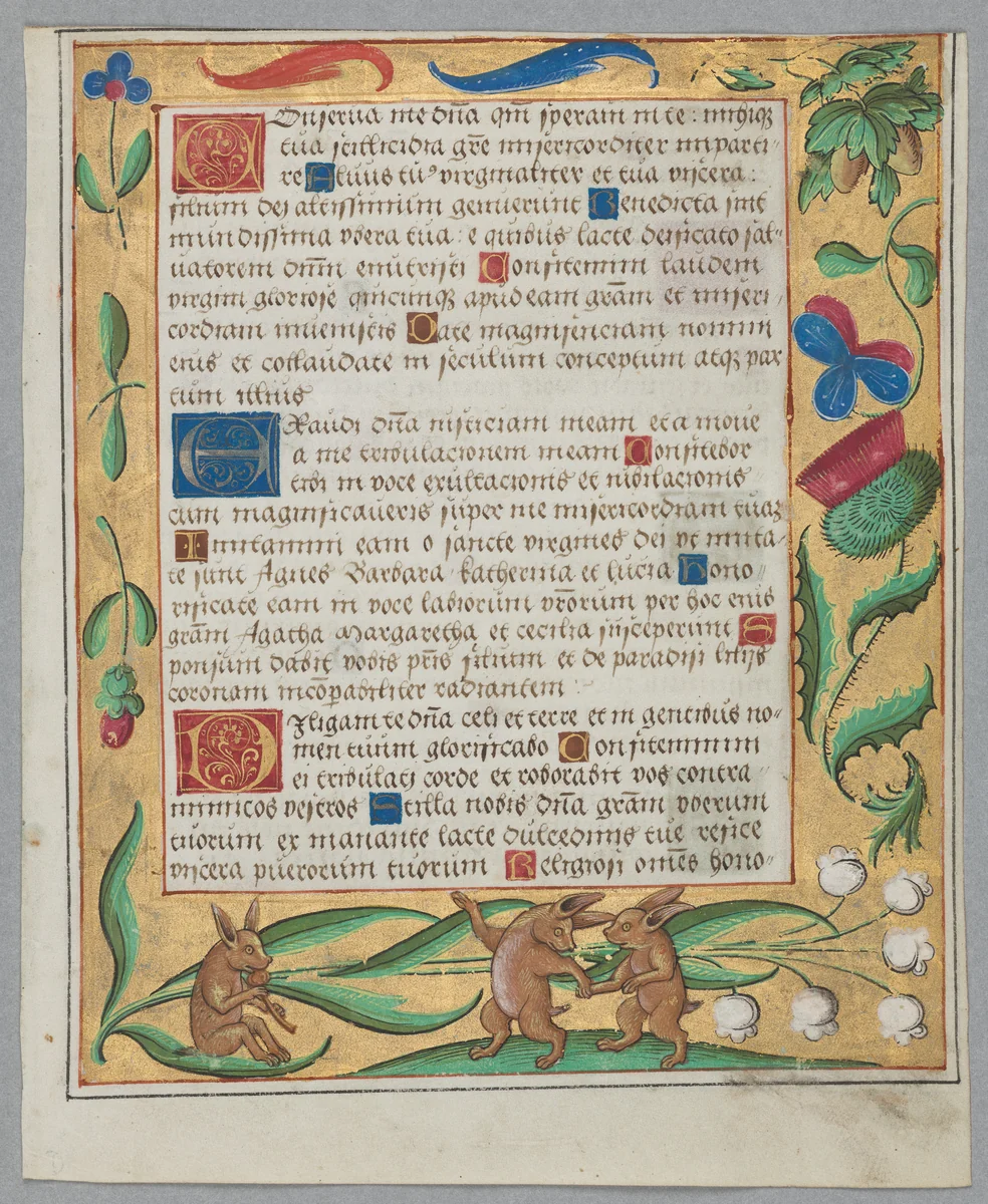 Leaf from a Psalter and Prayerbook: Rabbits Dancing (recto) by Unknown, manuscript, 1519-1529