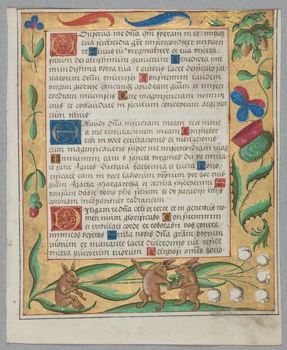 Leaf from a Psalter and Prayerbook: Rabbits Dancing (recto) by Unknown, manuscript, 1519-1529