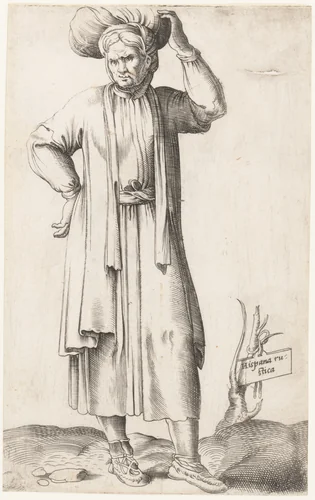 Costume Plate: Hispania Rustica (with laundry on head) by Enea Vico, print, 1552-1563