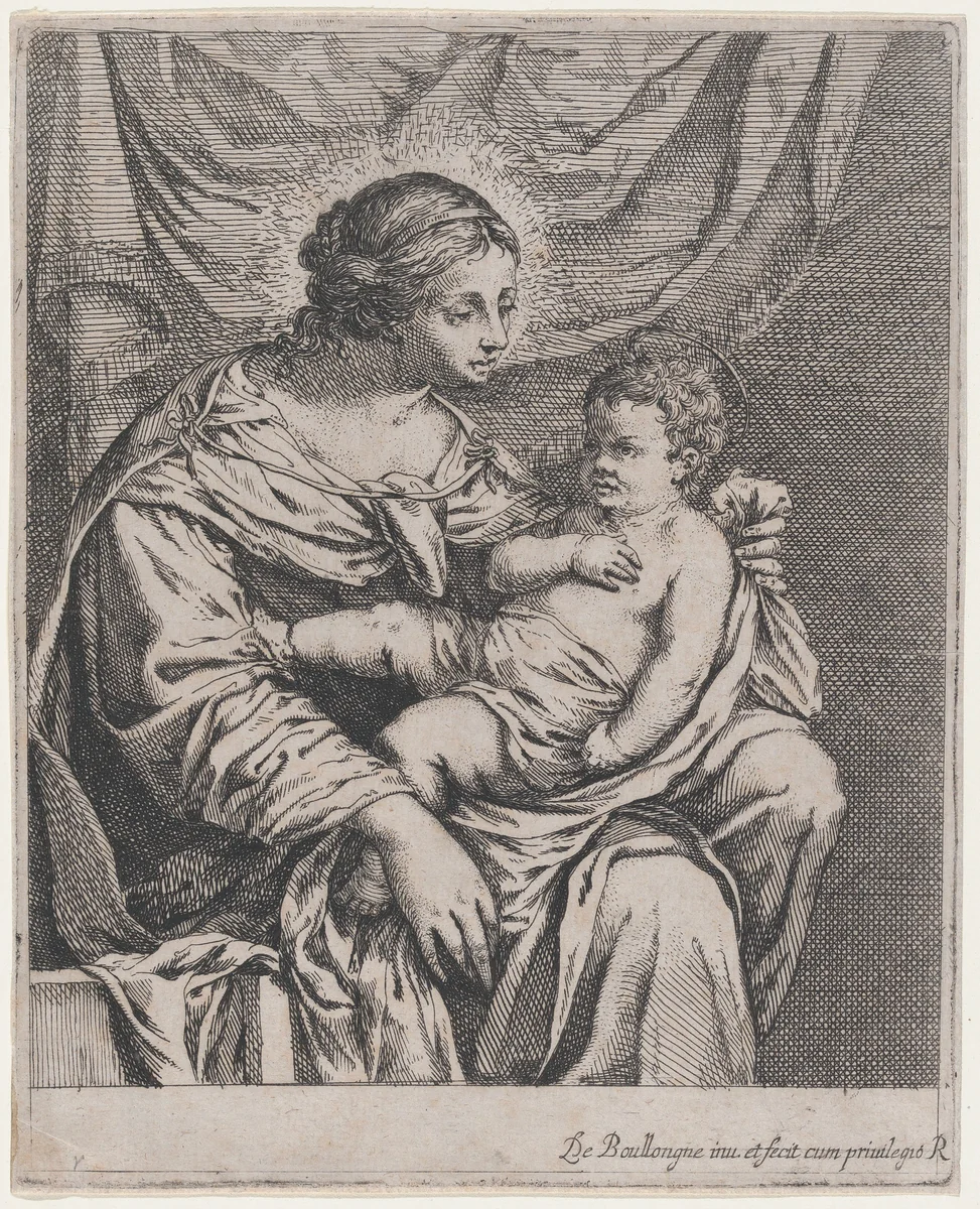 Madonna and Child before a Curtain by Louis de Boullogne, print, 1625-1674