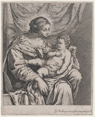 Madonna and Child before a Curtain by Louis de Boullogne, print, 1625-1674