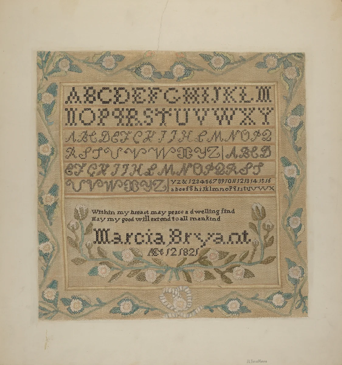 Sampler by Alfonso Moreno, index of american design, 1937