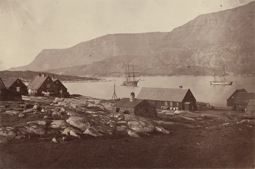 "View of settlement and harbour of Godhavn, on the Island of Disco, the entrance is at the left, between the low rocks and the cliffs." by George P. Critcherson, John L. Dunmore, William Bradford, photograph, 1869