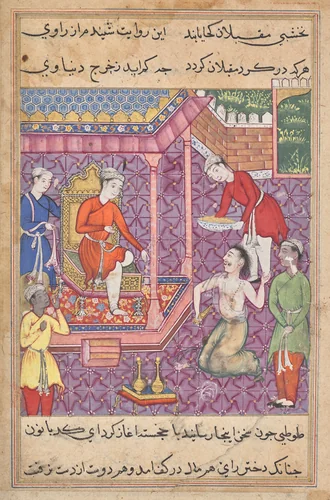 The magician disguised as a Brahman returns to claim his “daughter-in-law,” from a Tuti-nama (Tales of a Parrot): Thirty-fifth Night by Unknown, painting, 1555-1565