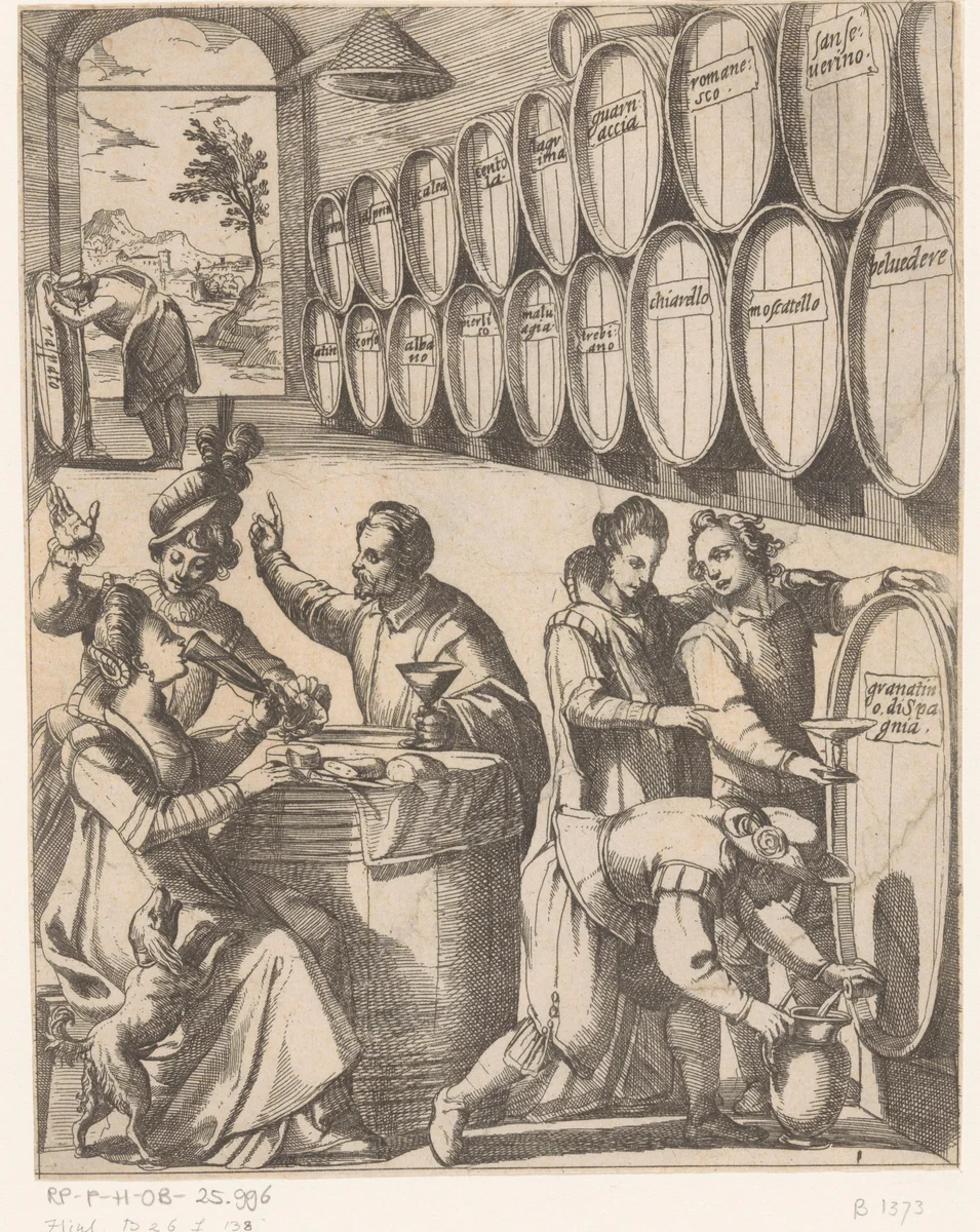 Drinkfestijn in een wijnkelder by Antonio Tempesta, print, 1575-1613