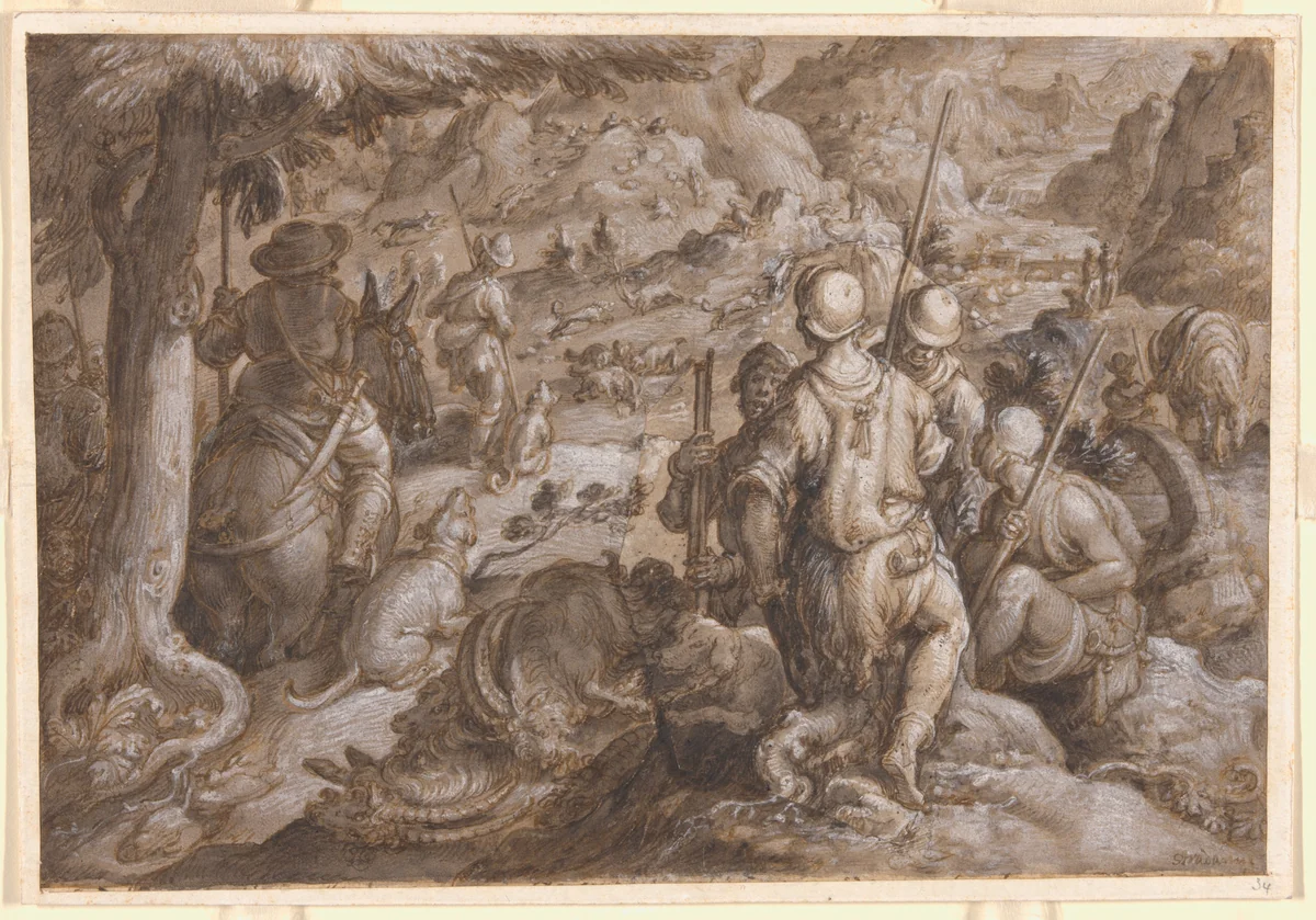 Men Hunting Ibexes with Hounds by Johannes Stradanus, drawing, 1578