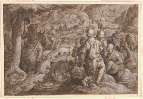 Men Hunting Ibexes with Hounds by Johannes Stradanus, drawing, 1578