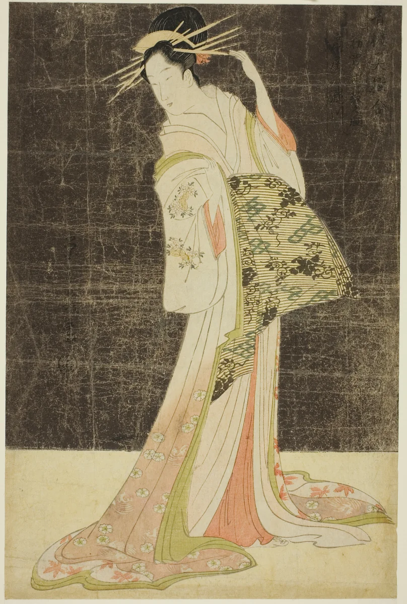A Selection of Beauty from the Pleasure Quarters (Seiro bijin awase): Courtesans Hired for the New Years Holidays - Takigawa of the Ogiya by Chobunsai Eishi, print, 1789-1799