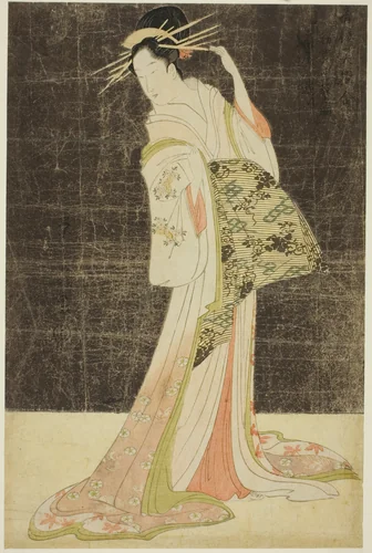 A Selection of Beauty from the Pleasure Quarters (Seiro bijin awase): Courtesans Hired for the New Years Holidays - Takigawa of the Ogiya by Chobunsai Eishi, print, 1789-1799