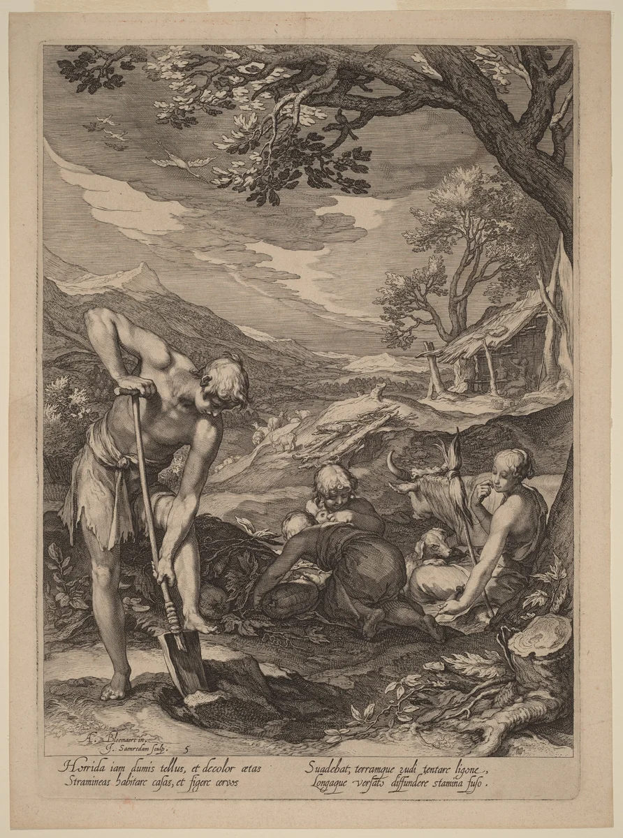 Adam and Eve Working by Jan Pietersz Saenredam; Abraham Bloemaert, print, 1604