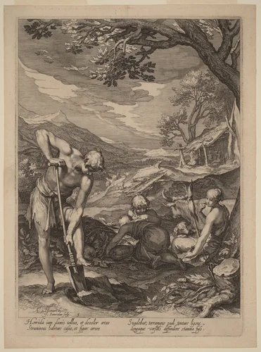 Adam and Eve Working by Jan Pietersz Saenredam; Abraham Bloemaert, print, 1604