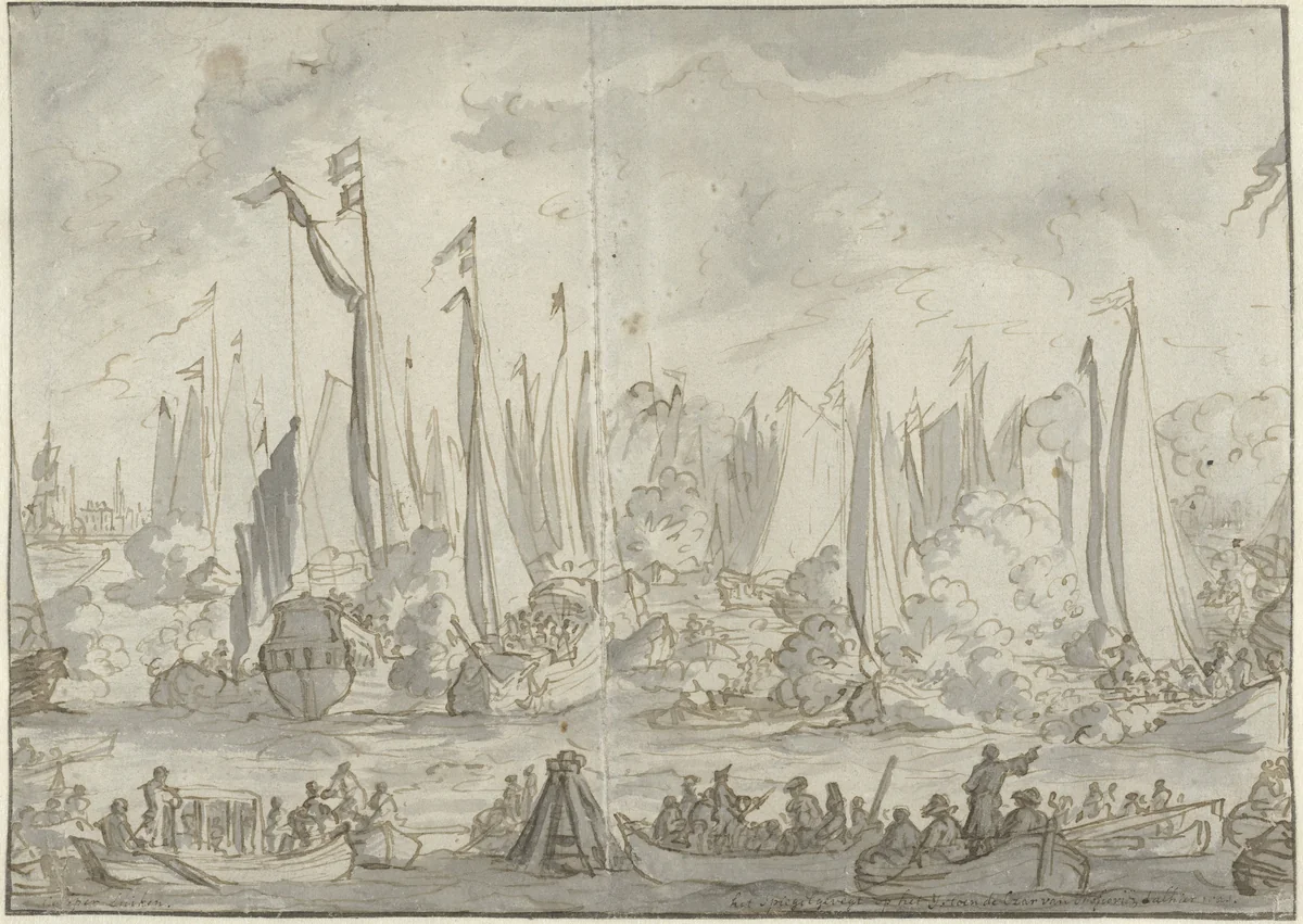 Spiegelgevecht ter ere van het bezoek van het Groot Moskovisch Gezantschap by Caspar Luyken, drawing, 1697