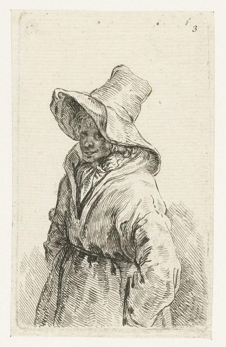 Vrouw met een grote hoed by François Boucher, print, 1727-1755