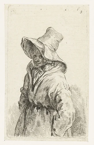 Vrouw met een grote hoed by François Boucher, print, 1727-1755