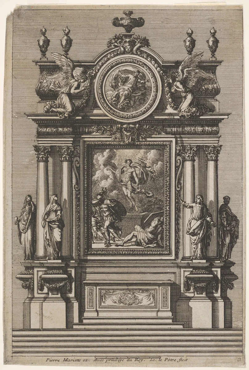 Altar with the Resurrection of Christ, plate 2 from "Nouveaux dessins d'autels à la romaine" by Jean Le Pautre, print, 1618-1682