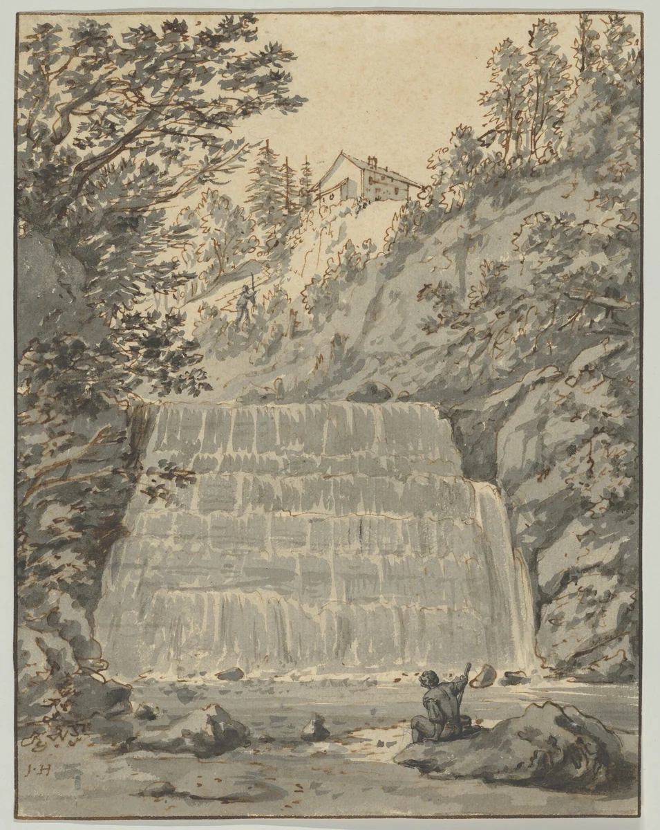 A Waterfall in Switzerland (near Lausanne?) with a Resting Wayfarer by Jan Hackaert, drawing, 1655