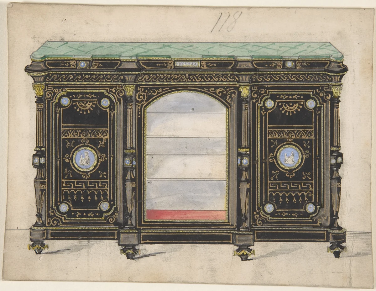 Cabinet Design with Glass Front, its Doors Adorned with Porcelain Plaques, with a Green Top by anonymous, drawing, 1800-1900