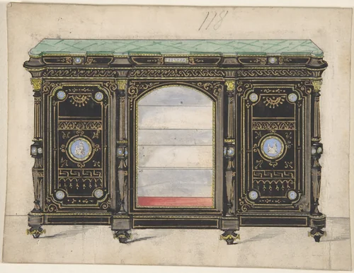 Cabinet Design with Glass Front, its Doors Adorned with Porcelain Plaques, with a Green Top by anonymous, drawing, 1800-1900