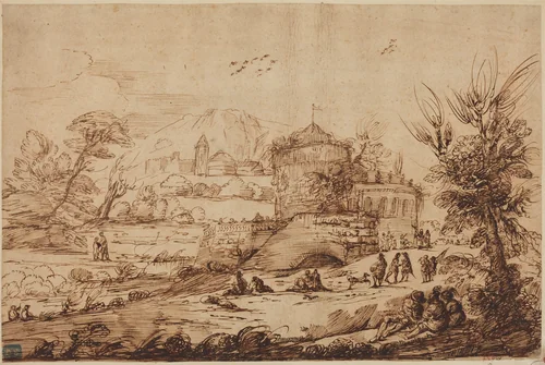 Landscape with Fortress and River by Anonymous Artist; Guercino, drawing, 1750-1799
