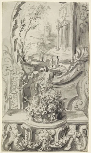 Decoratief ontwerp met putti en bloemen by anonymous, drawing, 1600-1800