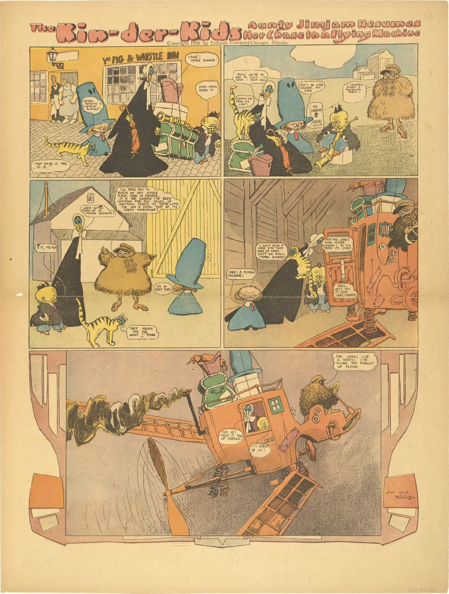 The Kin-der-Kids: Aunty Jimjam Resumes her Chase in a Flying Machine from The Chicago Sunday Tribune by Lyonel Feininger, print, 1906
