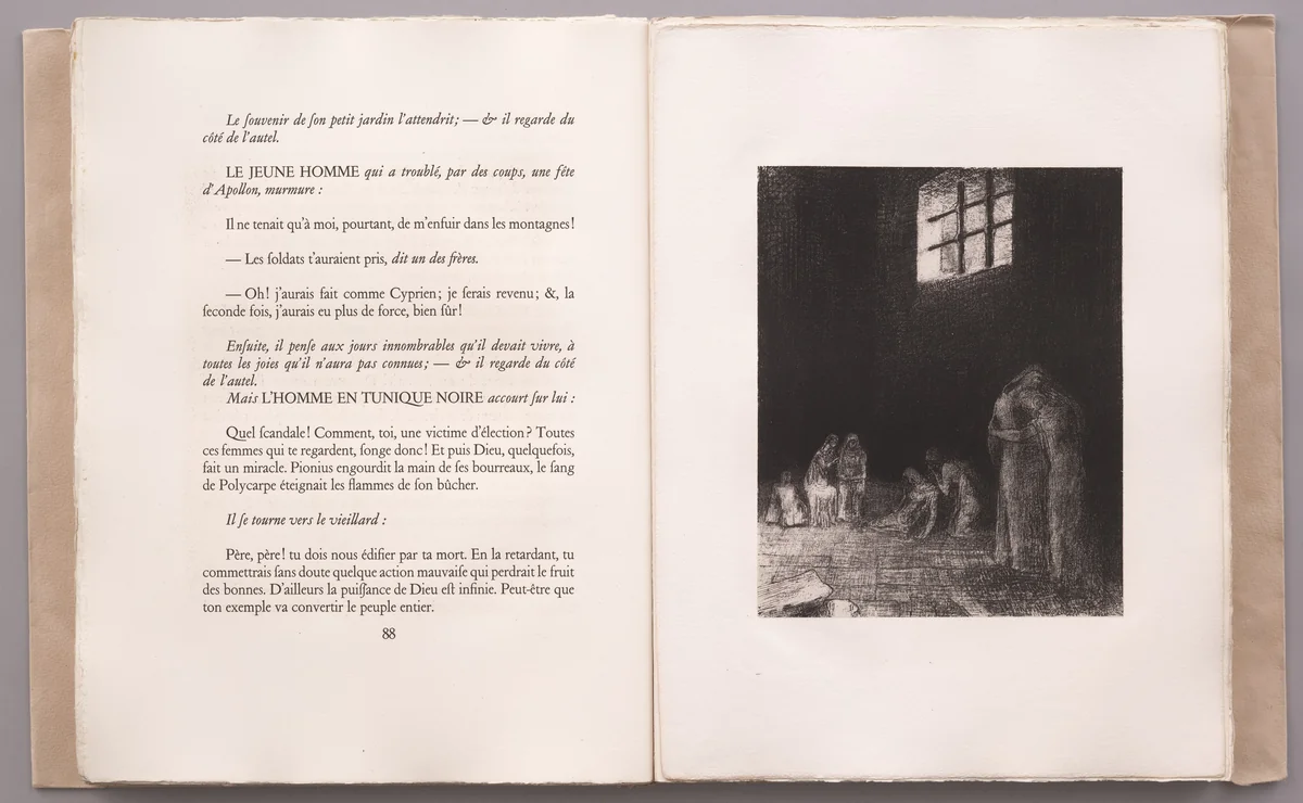 In the Shadows Are People, Weeping and Praying, Surrounded by Others Who Are Exhorting Them . . . (Dans l'ombre des gens pleurent et prient entourés d'autres qui les exhortent . . .) (plate VII) from La Tentation de Saint-Antoine by Odilon Redon, illustrated book, 1896