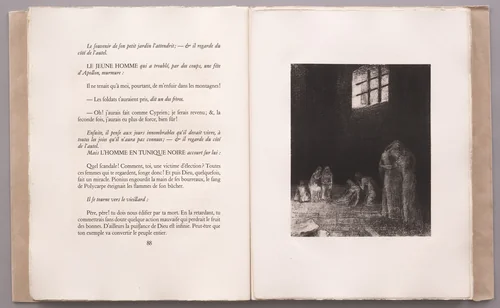 In the Shadows Are People, Weeping and Praying, Surrounded by Others Who Are Exhorting Them . . . (Dans l'ombre des gens pleurent et prient entourés d'autres qui les exhortent . . .) (plate VII) from La Tentation de Saint-Antoine by Odilon Redon, illustrated book, 1896