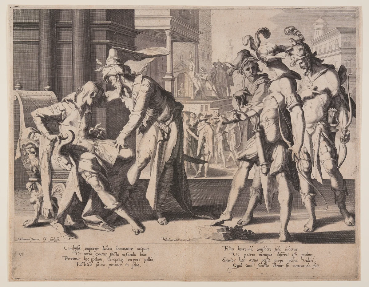 Cambyses Commanding Flaying, plate 6 from Thrones of Justice (Thronus Iustitiae) by Willem van Swanenburgh, print, 1606