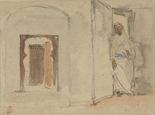 Arabier voor de deur van zijn woning by Eugène Delacroix, drawing, 1808-1863